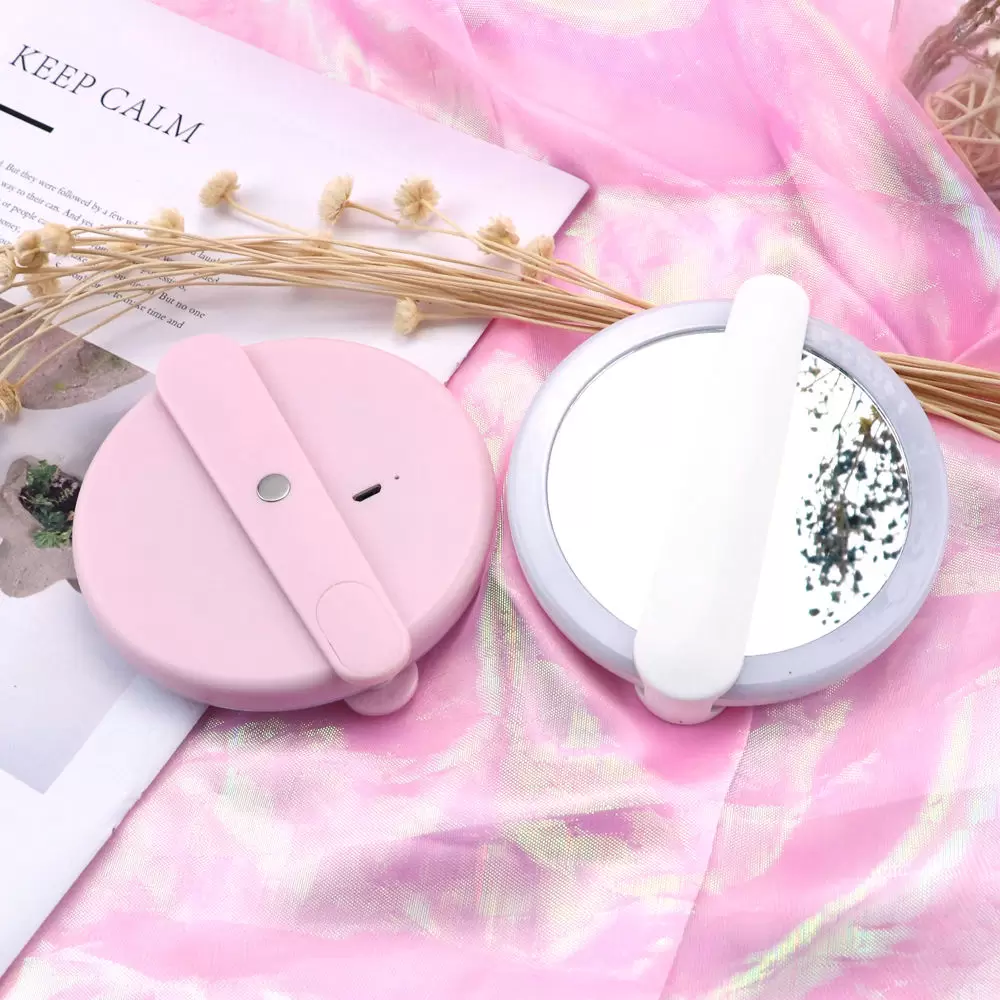 Foldable Travel Mini Compact Handle LED Round Vanity Mirror