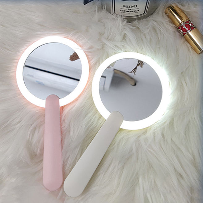 Foldable Travel Mini Compact Handle LED Round Vanity Mirror