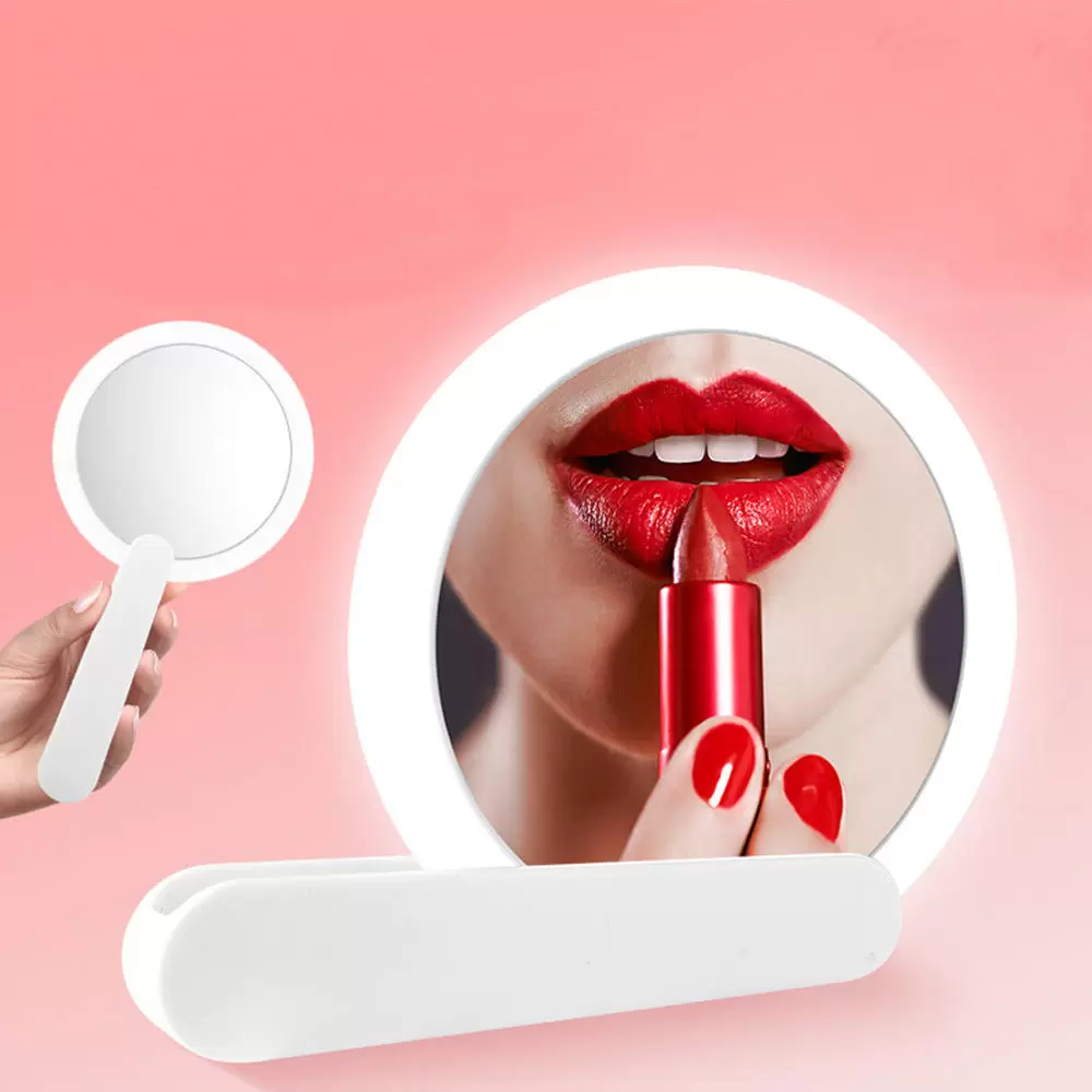 Foldable Travel Mini Compact Handle LED Round Vanity Mirror