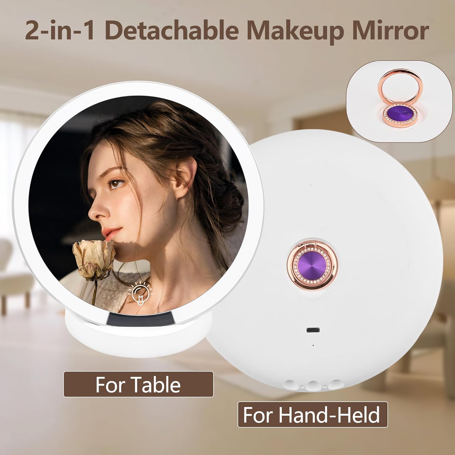 Portable LED Cosmetic Mirror with Handheld Ring